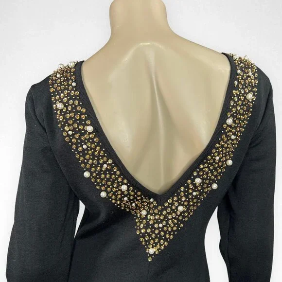 Vintage 80s Medium Long Sleeve Gold‎ Beaded Cocktail Dress